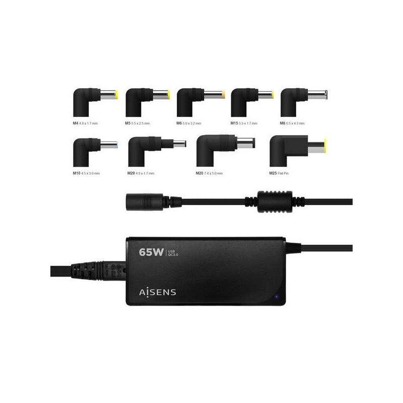 Aisens Cargador 65W Automatico Universal Multitension para Portatil con 9 Conectores + USB-A QC.3.0 - Color Negro Aisens Cargador 65W Automatico Universal Multitension para Portatil con 9 Conectores + USB-A QC.3.0 - Color Negro
