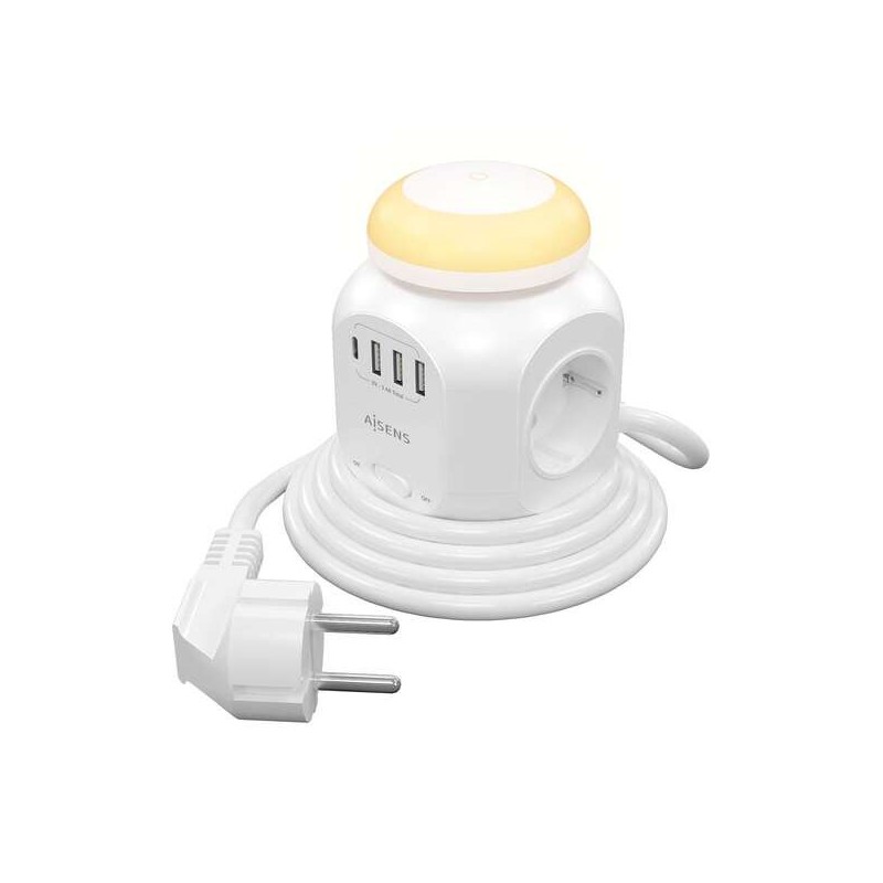 Aisens Regleta de Enchufes Sobremesa Multifuncion con 4 Tomas + 1xUSB-C - 3xUSB-A - Luz Nocturna - 1.8m - Color Blanco Aisens Regleta de Enchufes Sobremesa Multifuncion con 4 Tomas + 1xUSB-C - 3xUSB-A - Luz Nocturna - 1.8m - Color Blanco
