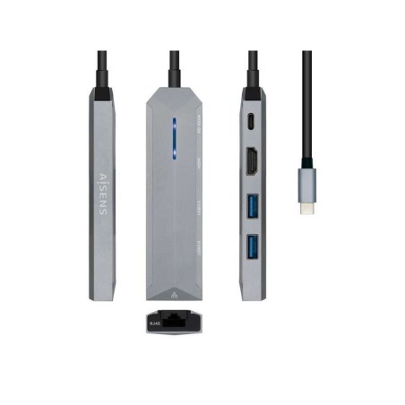 Aisens USB-C Dock 5 en 1 - USB-C a 1xHDMI - 1xRJ45 - 2xUSB - 1xPD - 15cm - Color Gris