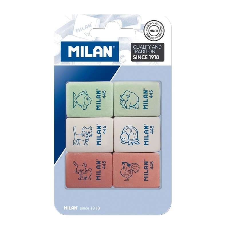 Milan 445 Pack de 6 Gomas de Borrar Rectangulares - Miga de Pan - Suave Caucho Sintetico - Dibujos Infantiles - Colores Surtidos Milan 445 Pack de 6 Gomas de Borrar Rectangulares - Miga de Pan - Suave Caucho Sintetico - Dibujos Infantiles - Colores Surtidos
