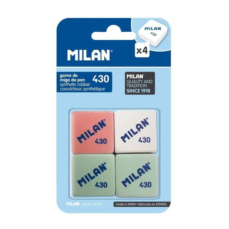 Milan 430 Confezione da 4 Gomme Quadrate - Pangrattato - Gomma Sintetica Morbida - Colori Assortiti Milan 430 Confezione da 4 Gomme Quadrate - Pangrattato - Gomma Sintetica Morbida - Colori Assortiti