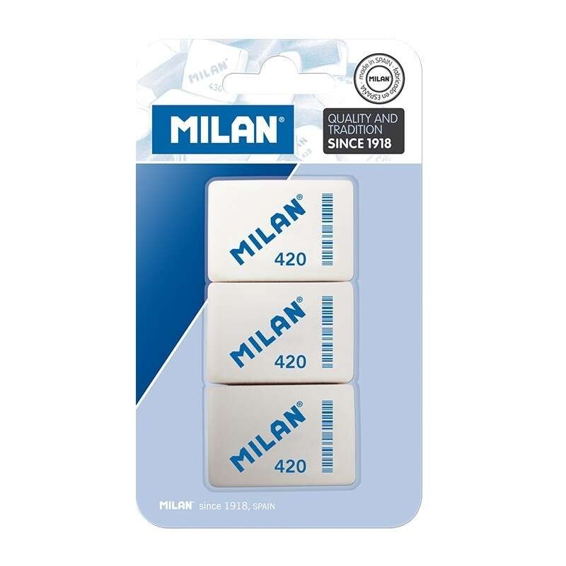 Milan 420 Pack de 3 Gomas de Borrar Rectangulares - Miga de Pan - Caucho Suave Sintetico - Colores Surtidos Milan 420 Pack de 3 Gomas de Borrar Rectangulares - Miga de Pan - Caucho Suave Sintetico - Colores Surtidos