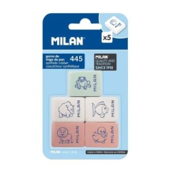 Milan 445 Confezione da 5 Gomme Rettangolari - Pangrattato - Gomma Sintetica Morbida - Disegni Bambini - Colori Assortiti