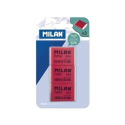 Milan Nata 624 Pack de 3 Gomas de Borrar Rectangulares - Plastico - Suave - No Abrasiva - Color Rojo/Blanco