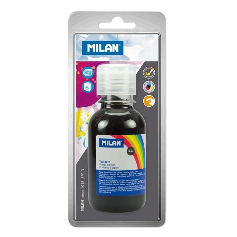 Milan Botella de Tempera 125 ml - Tapon Dosificador - Secado Rapido - Mezclable - Color Negro Milan Botella de Tempera 125 ml - Tapon Dosificador - Secado Rapido - Mezclable - Color Negro