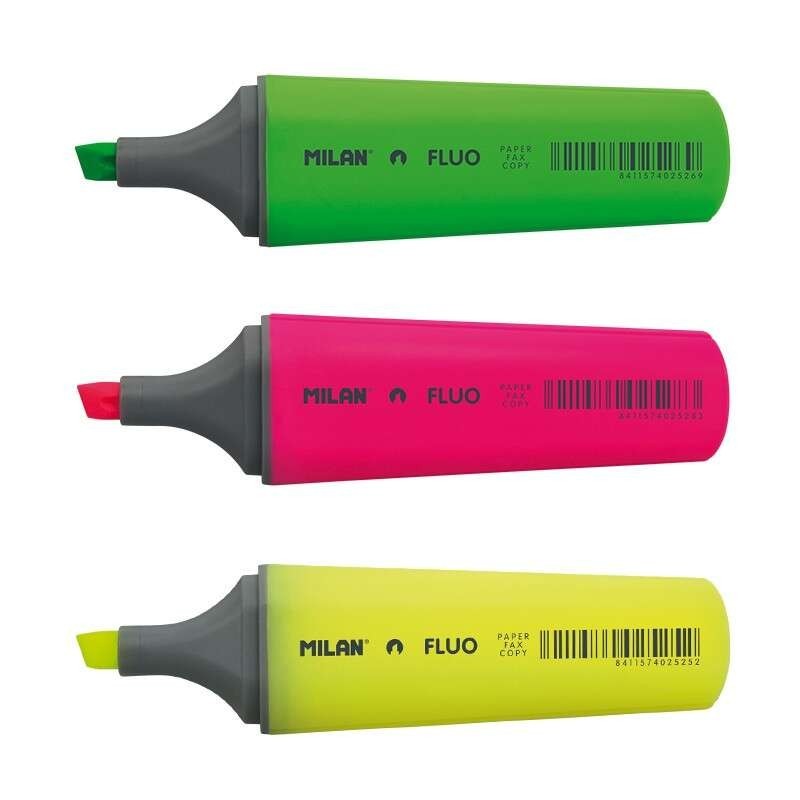 Milan Confezione da 3 pennarelli fluorescenti - Punta a scalpello 1 - 4,8 mm - Colori assortiti