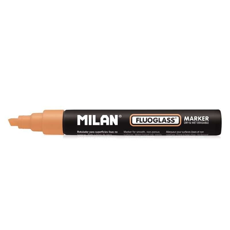 Milan Fluoglass Rotulador Superficies Lisas - Punta Biselada - Trazo de 2 a 4mm - Tinta al Agua - Borrado Facil - Color Naranja Milan Fluoglass Rotulador Superficies Lisas - Punta Biselada - Trazo de 2 a 4mm - Tinta al Agua - Borrado Facil - Color Naranja