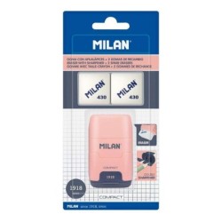 Temperamatite Compact Milan Serie Compact 1918 con 2 Gomme - Temperamatite Doppio - Lama di Sicurezza - Colore Rosa