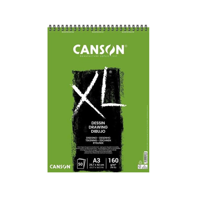 Blocco da disegno leggero Canson XL Dessin con 50 fogli A3 - Spirale microperforata - 29,7x42 cm - 160 g - Colore bianco Blocco da disegno leggero Canson XL Dessin con 50 fogli A3 - Spirale microperforata - 29,7x42 cm - 160 g - Colore bianco