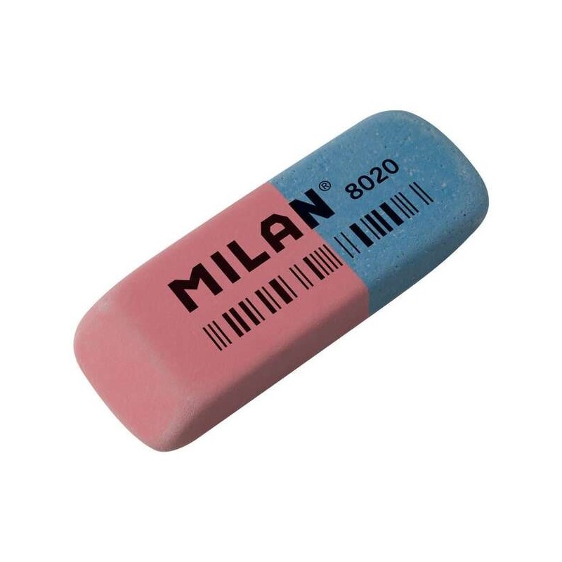 Milan 8020 Goma de Borrar Biselada - Doble Uso - Flexible - Miga de Pan - Caucho - Color Rosa/Azul Milan 8020 Goma de Borrar Biselada - Doble Uso - Flexible - Miga de Pan - Caucho - Color Rosa/Azul