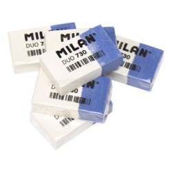 Milan Nata 730 Goma de Borrar Duo Rectangular - Plastico - Envuelta Individualmente - Color Blanco/Azul