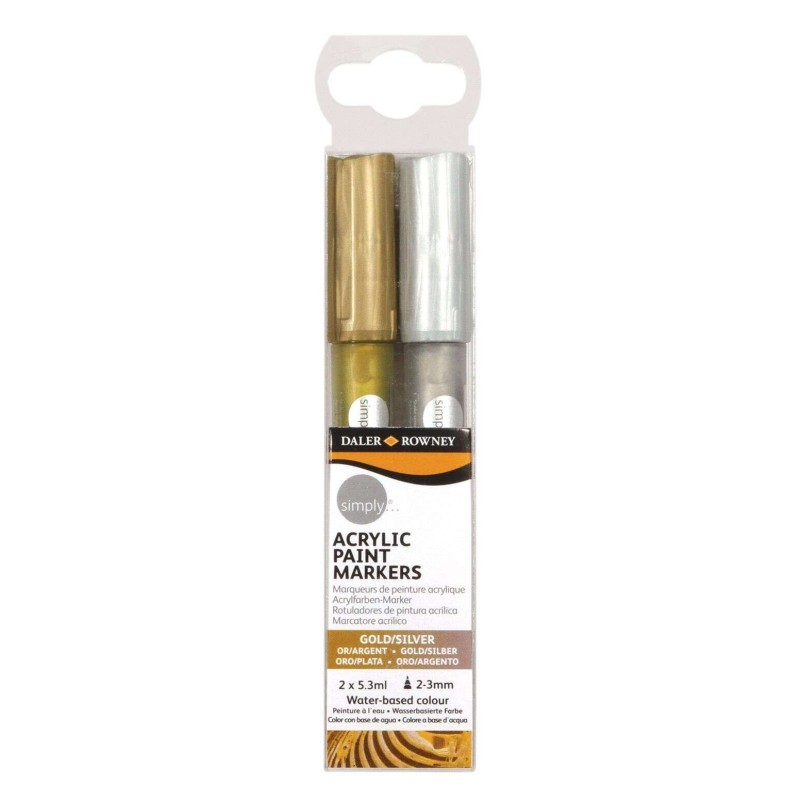 Daler Rowney Simply Pack de 2 Rotuladores Acrilicos - Secado Rapido - Optima Cobertura - Base de Agua - Color Oro y Plata Daler Rowney Simply Pack de 2 Rotuladores Acrilicos - Secado Rapido - Optima Cobertura - Base de Agua - Color Oro y Plata