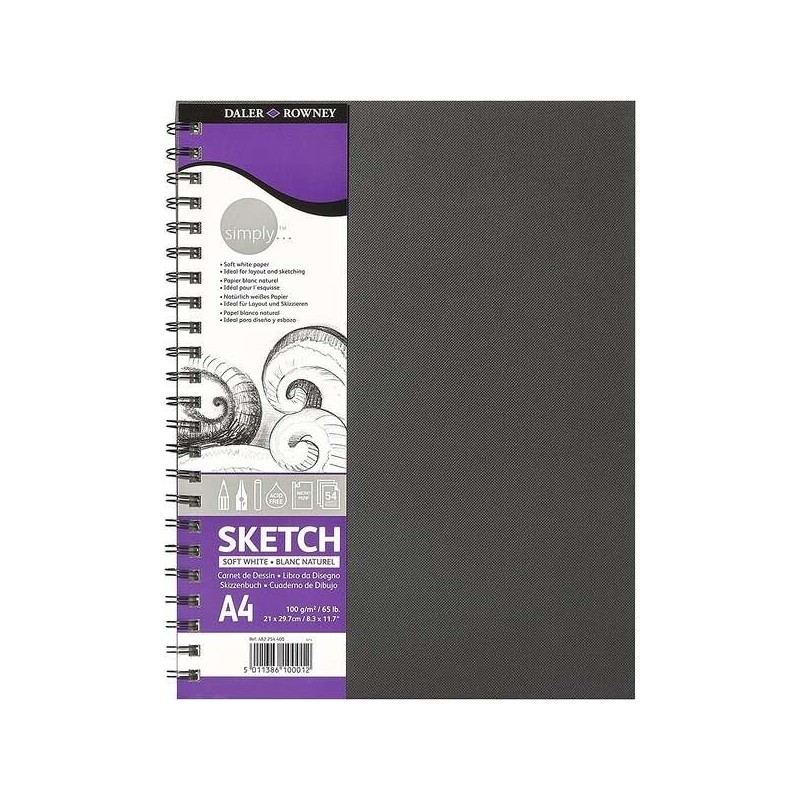 Daler Rowney Simply Cuaderno de Dibujo A4 100g/m2 - Cubierta Rigida con Encuadernacion en Espiral - Color Blanco Daler Rowney Simply Cuaderno de Dibujo A4 100g/m2 - Cubierta Rigida con Encuadernacion en Espiral - Color Blanco