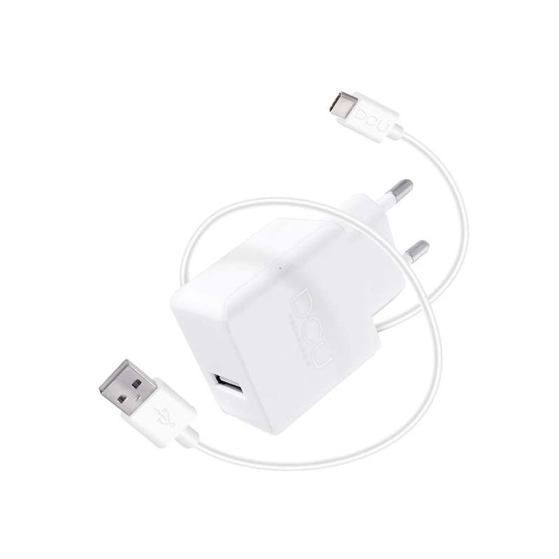 DCU Tecnologic Cargador USB 5V 2.4A + Cable USB Tipo C - 1m - Carga Rapida y Segura para tus Dispositivos - Color Blanco DCU Tecnologic Cargador USB 5V 2.4A + Cable USB Tipo C - 1m - Carga Rapida y Segura para tus Dispositivos - Color Blanco