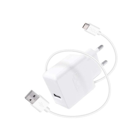 DCU Tecnologic Cargador USB 5V 2.4A + Cable USB Tipo C - 1m - Carga Rapida y Segura para tus Dispositivos - Color Blanco