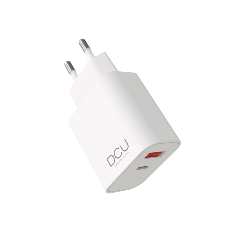 DCU Tecnologic Cargador USB Tipo C PD 20W + USB QC 3.0 18W - Carga Rapida - Potente y Versatil - Color Blanco
