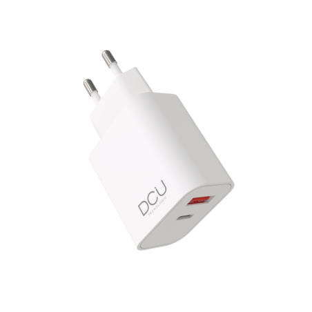 DCU Tecnologic Cargador USB Tipo C PD 20W + USB QC 3.0 18W - Carga Rapida - Potente y Versatil - Color Blanco