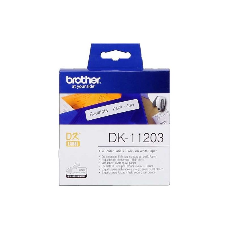 Brother DK11203 - Etichette per cartelle pretagliate originali - 17x87 mm - 300 unità - Testo nero su sfondo bianco Brother DK11203 - Etichette per cartelle pretagliate originali - 17x87 mm - 300 unità - Testo nero su sfondo bianco