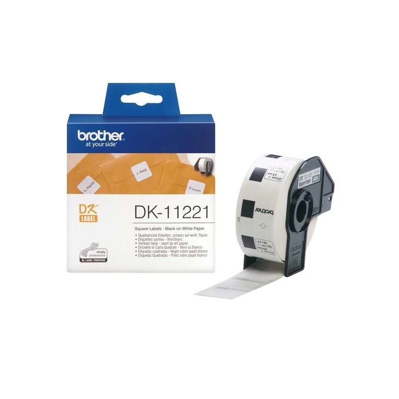 Brother DK11221 - Etichette quadrate pretagliate originali - 23x23 mm - 1000 unità - Testo nero su sfondo bianco Brother DK11221 - Etichette quadrate pretagliate originali - 23x23 mm - 1000 unità - Testo nero su sfondo bianco