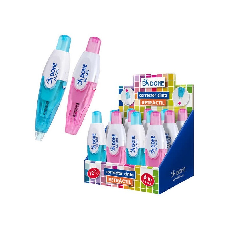 Dohe Expositor de 12 Correctores de Cinta Retractiles - Colores Rosa y Azul - Cuerpo Traslucido