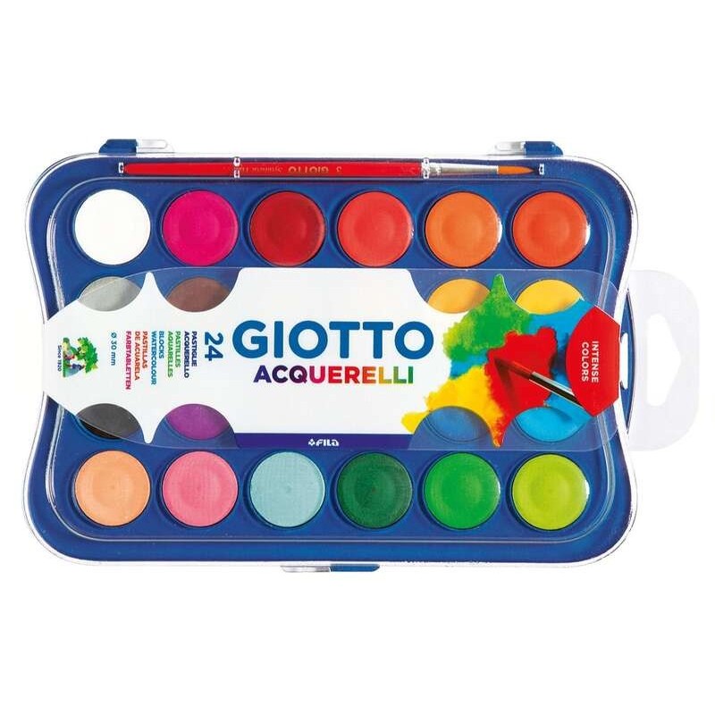 Giotto Astuccio da 24 Acquerelli 30mm + Pennello - Colori Brillanti, Intensi e Vividi - Molto Coprenti - Colori Assortiti Giotto Astuccio da 24 Acquerelli 30mm + Pennello - Colori Brillanti, Intensi e Vividi - Molto Coprenti - Colori Assortiti
