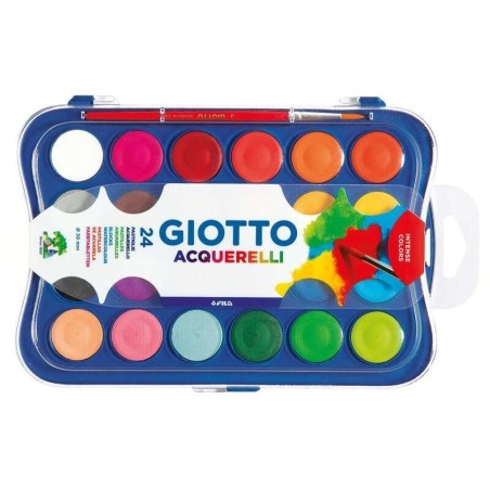 Giotto Astuccio da 24 Acquerelli 30mm + Pennello - Colori Brillanti, Intensi e Vividi - Molto Coprenti - Colori Assortiti