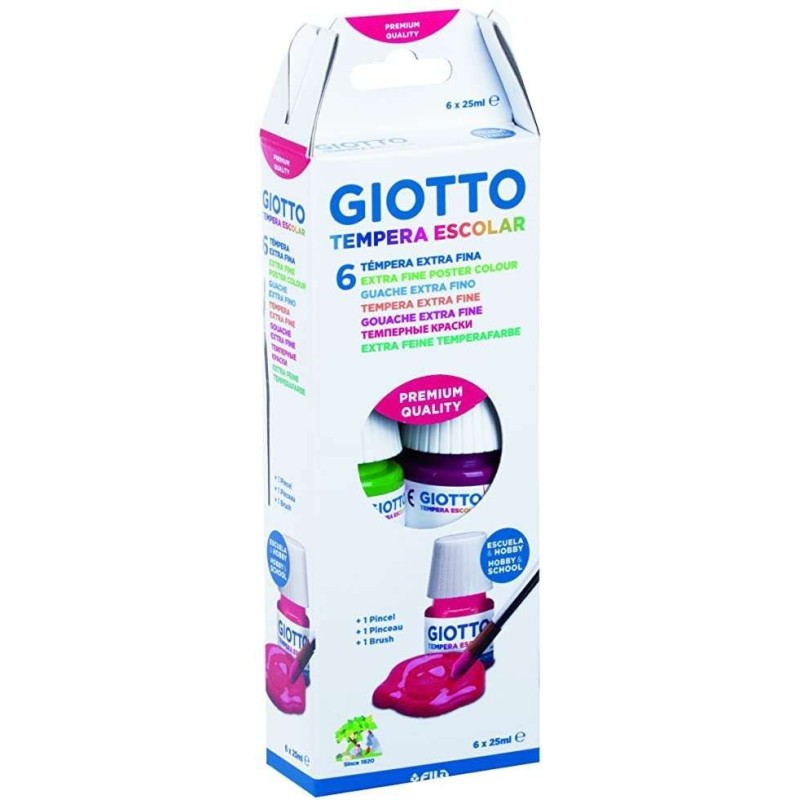 Giotto Tempera Confezione da 6 Vasetti da 25 ml. + Pennello - A base acqua - Coprenza eccellente - Colori assortiti Giotto Tempera Confezione da 6 Vasetti da 25 ml. + Pennello - A base acqua - Coprenza eccellente - Colori assortiti