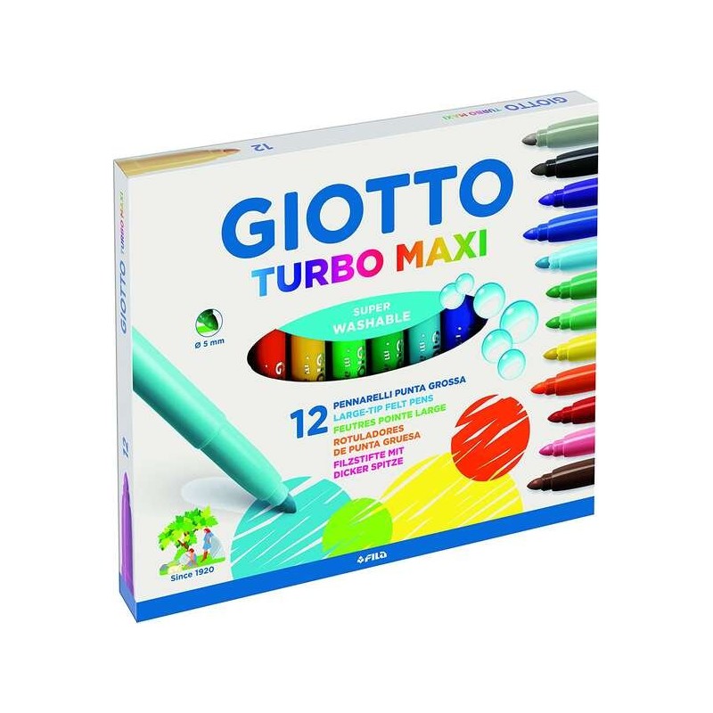 Giotto Turbo Maxi Pack de 12 Rotuladores - Punta Gruesa 5mm - Tinta al Agua - Lavable - Colores Surtidos Giotto Turbo Maxi Pack de 12 Rotuladores - Punta Gruesa 5mm - Tinta al Agua - Lavable - Colores Surtidos