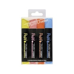 Tratto Video Pastel Pack de 4 Marcadores Fluorescentes - Punta Biselada - Tinta al Agua - Secado Rapido - Colores Surtidos