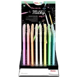 Pentel Hybrid Milky Display da 48 penne a sfera - Punta fine 0,8 mm - Corsa 0,4 mm - Inchiostro gel opaco - Colori assortiti