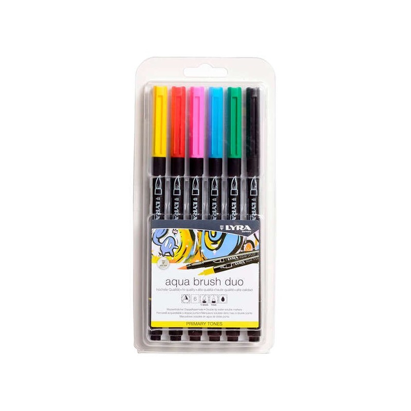 Lyra Aqua Brush Duo Pack 6 Pennarelli a Doppia Punta - Tratti 1-5 e 1 mm - Inchiostro a Base Acqua - Colori Toni Primari Lyra Aqua Brush Duo Pack 6 Pennarelli a Doppia Punta - Tratti 1-5 e 1 mm - Inchiostro a Base Acqua - Colori Toni Primari
