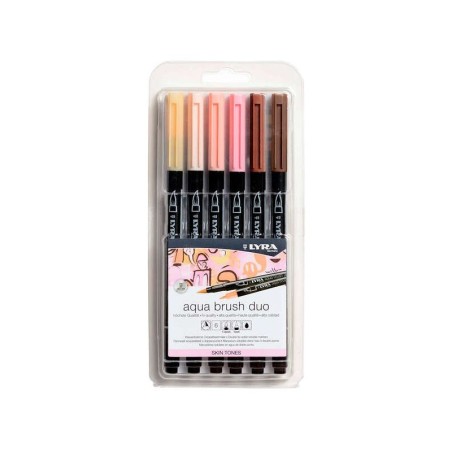 Lyra Aqua Brush Duo Pack 6 pennarelli a doppia punta - Tratti 1-5 e 1 mm - Inchiostro a base d'acqua - Colori tonalità della pel
