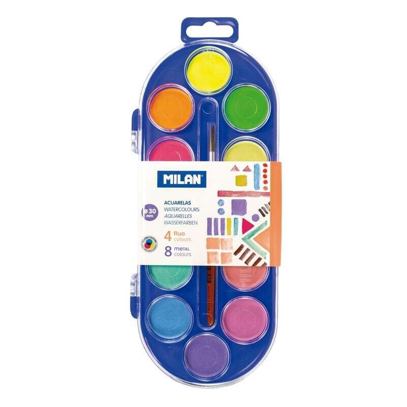 Milan Astuccio da 12 Acquerelli Ø30 mm + Pennello Serie 101 - Miscelabili - Colori Fluorescenti e Metallizzati 6pz 6pz Milan Astuccio da 12 Acquerelli Ø30 mm + Pennello Serie 101 - Miscelabili - Colori Fluorescenti e Metallizzati 6pz 6pz
