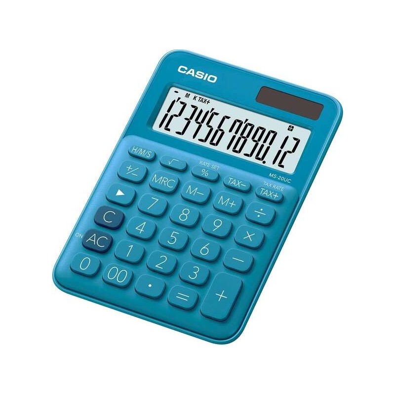 Piccola calcolatrice da tavolo Casio MS-20UC - Schermo LCD a 12 cifre - Alimentazione solare e a batteria - Colore blu Piccola calcolatrice da tavolo Casio MS-20UC - Schermo LCD a 12 cifre - Alimentazione solare e a batteria - Colore blu