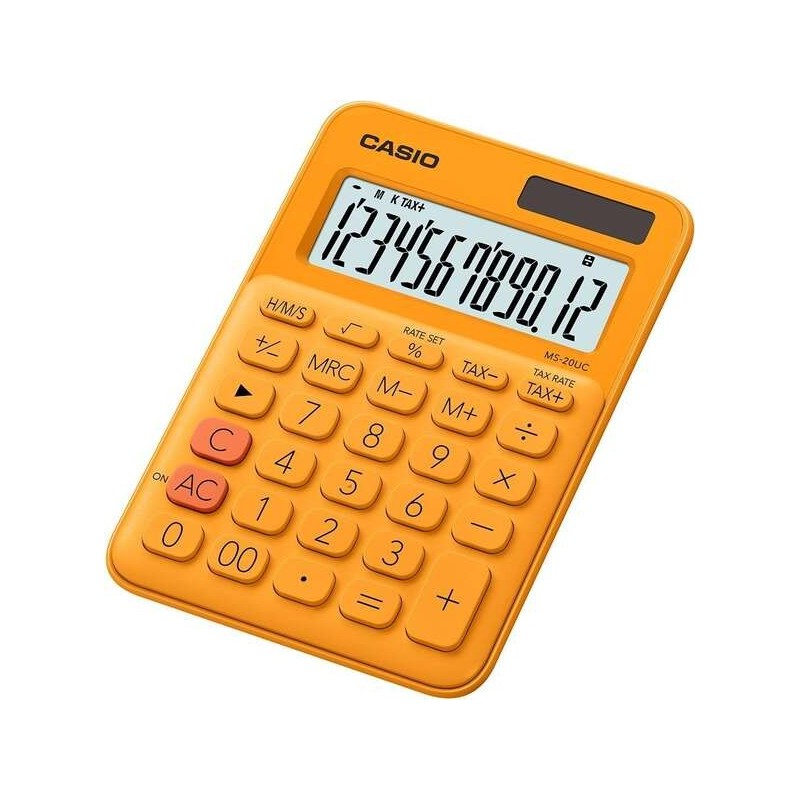 Piccola calcolatrice da tavolo Casio MS-20UC - Schermo LCD a 12 cifre - Alimentazione solare e a batteria - Colore arancione Piccola calcolatrice da tavolo Casio MS-20UC - Schermo LCD a 12 cifre - Alimentazione solare e a batteria - Colore arancione