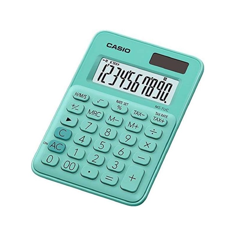 Casio MS-7UC Calculadora de Escritorio - Tecla Doble Cero - Pantalla LCD de 10 Digitos - Solar y Pilas - Color Verde Casio MS-7UC Calculadora de Escritorio - Tecla Doble Cero - Pantalla LCD de 10 Digitos - Solar y Pilas - Color Verde