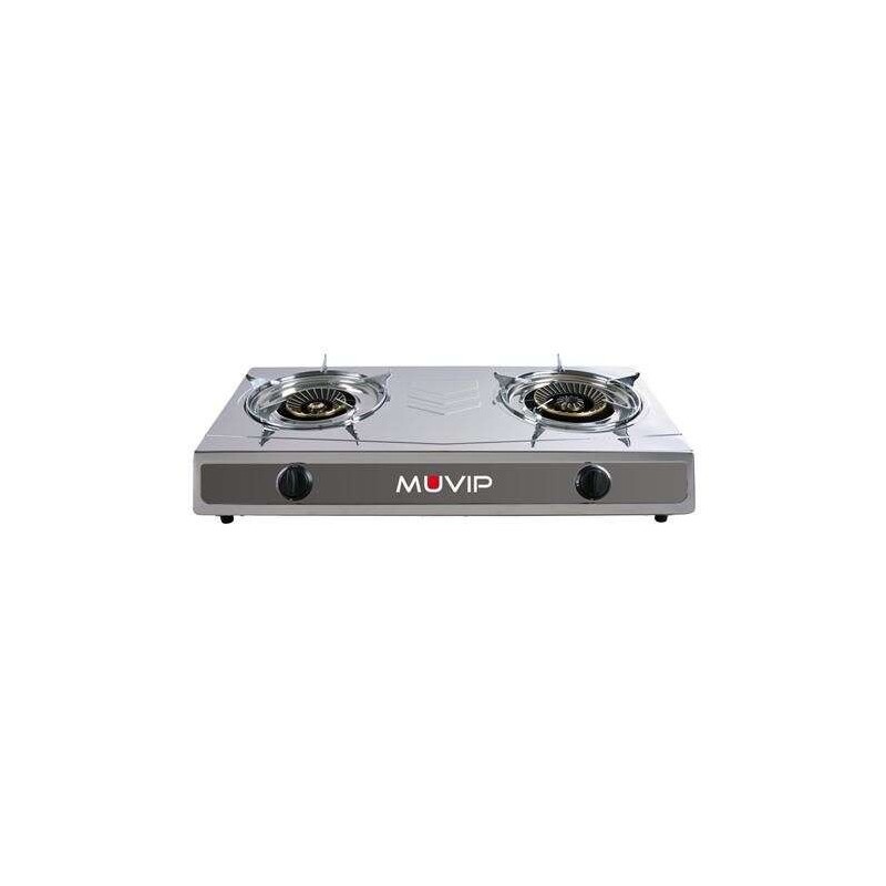 Fornello a gas in acciaio inox a 2 fuochi Muvip Serie Strong - Accensione piezoelettrica - Bruciatore in ghisa rimovibile Fornello a gas in acciaio inox a 2 fuochi Muvip Serie Strong - Accensione piezoelettrica - Bruciatore in ghisa rimovibile