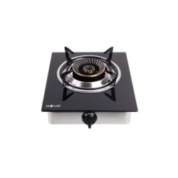 Muvip Cocina de Gas Inox 1 Fuego - Cristal Templado - Encendido Piezoelectrico - Quemador de Hierro Fundido Desmontable