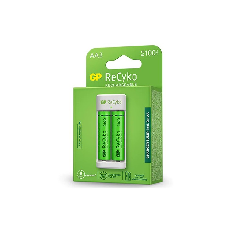 Pacchetto caricabatterie USB GP ReCyko + 2 batterie ricaricabili AA da 2100 mAh Pacchetto caricabatterie USB GP ReCyko + 2 batterie ricaricabili AA da 2100 mAh