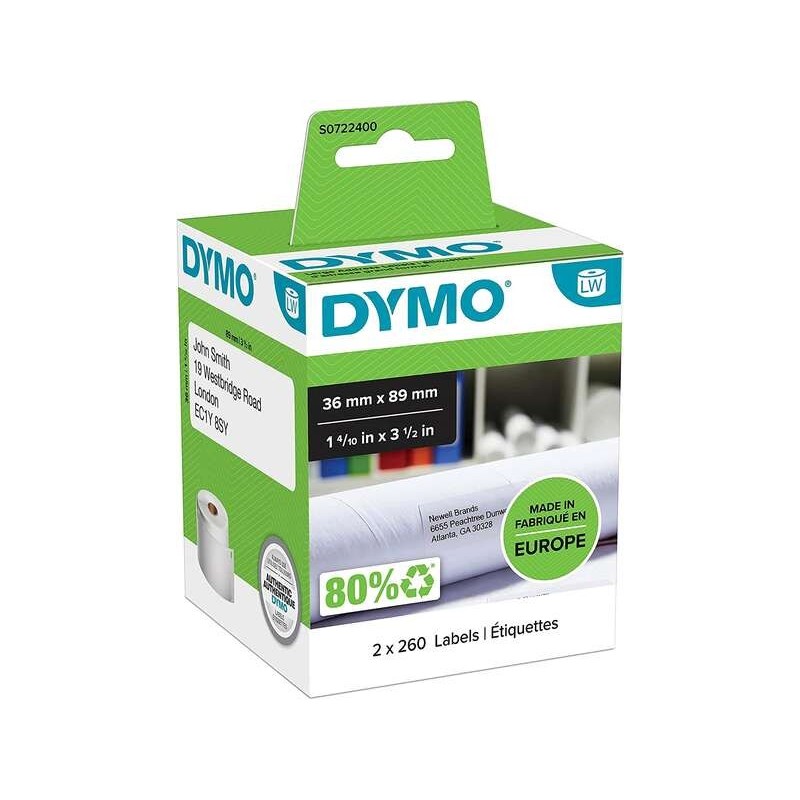 Dymo LW 99012 Etichette per indirizzi autoadesive originali grandi - 36x89 mm - 520 unità - S0722400 Dymo LW 99012 Etichette per indirizzi autoadesive originali grandi - 36x89 mm - 520 unità - S0722400