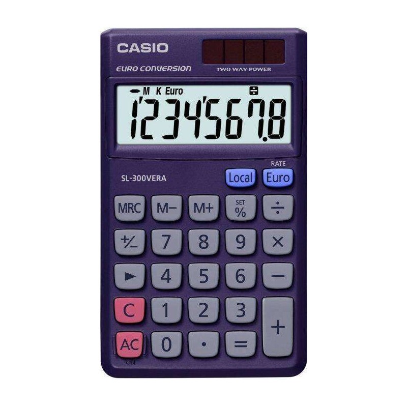 Casio SL-300VERA Calcolatrice tascabile - Display LCD extra large a 8 cifre - Funzione convertitore euro - Colore blu scuro Casio SL-300VERA Calcolatrice tascabile - Display LCD extra large a 8 cifre - Funzione convertitore euro - Colore blu scuro
