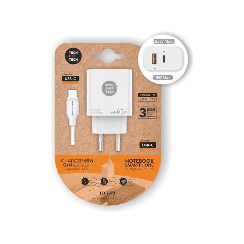 Caricatore da muro TechOneTech GaN PD 3.0 65W - Per laptop e smartphone - Cavo da USB-C a USB-C 1 m Caricatore da muro TechOneTech GaN PD 3.0 65W - Per laptop e smartphone - Cavo da USB-C a USB-C 1 m