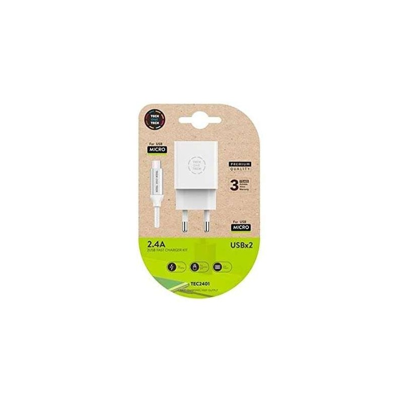 Caricatore a doppia parete TechOneTech + cavo da USB-A a micro-USB 2,4 1 m - Rivestimento in nylon intrecciato Caricatore a doppia parete TechOneTech + cavo da USB-A a micro-USB 2,4 1 m - Rivestimento in nylon intrecciato