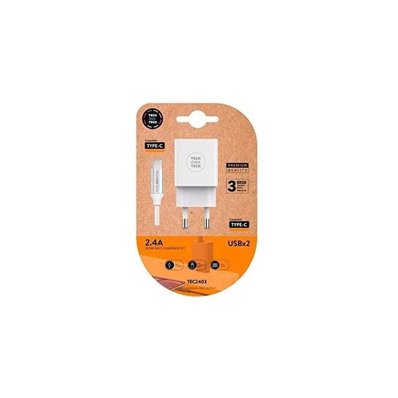 TechOneTech Cargador Doble de Pared + Cable USB-A a USB-C 1m - Recubierto de Nylon Trenzado TechOneTech Cargador Doble de Pared + Cable USB-A a USB-C 1m - Recubierto de Nylon Trenzado