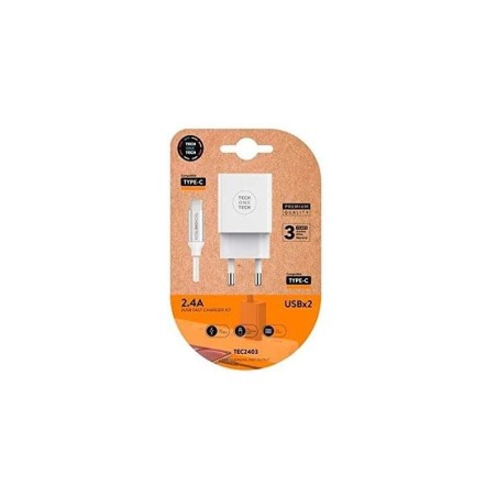 TechOneTech Cargador Doble de Pared + Cable USB-A a USB-C 1m - Recubierto de Nylon Trenzado