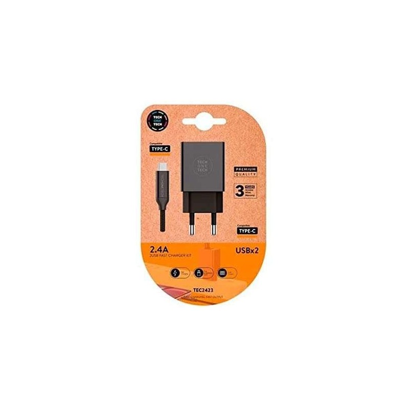 Caricatore a doppia parete TechOneTech + cavo da USB-A a USB-C da 1 m - rivestito in nylon intrecciato Caricatore a doppia parete TechOneTech + cavo da USB-A a USB-C da 1 m - rivestito in nylon intrecciato
