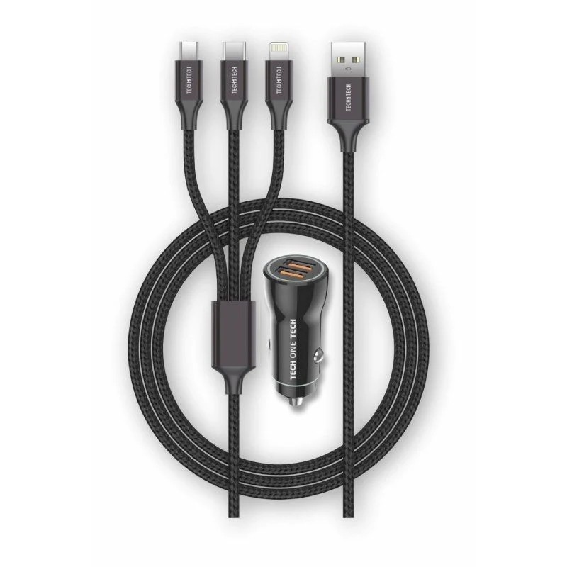 TechOneTech Caricabatteria da Auto 2x USB-A + Cavo MicroUSB 3 in 1, Lightning e USB-C - Nero TechOneTech Caricabatteria da Auto 2x USB-A + Cavo MicroUSB 3 in 1, Lightning e USB-C - Nero