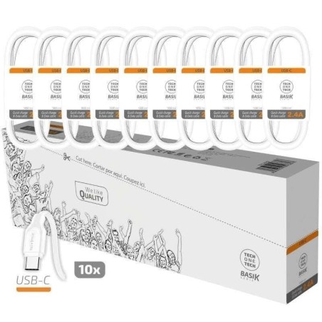 TechOneTech Basik Confezione da 10 Cavi USB-A Maschio - USB-C Maschio - Lunghezza 1m