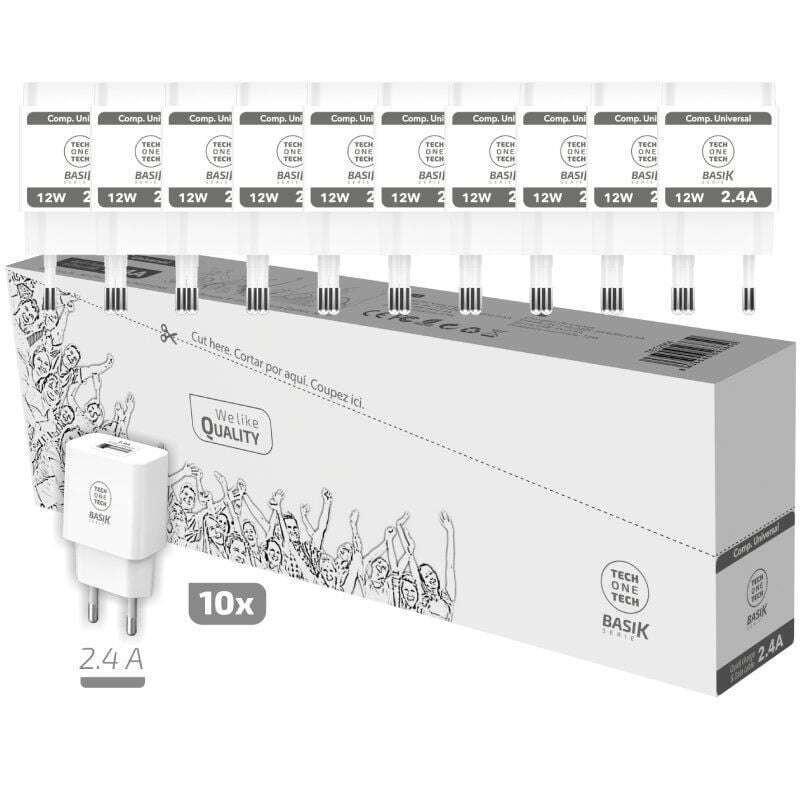 TechOneTech Basik Confezione da 10 Caricatori da Muro 1 Porta USB 12W TechOneTech Basik Confezione da 10 Caricatori da Muro 1 Porta USB 12W