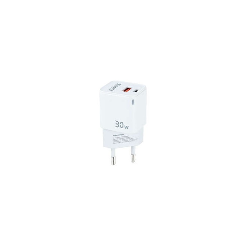 Caricatore da muro Tooq GaN USB-C/PD + USB-A/QC 30 W - Bianco Caricatore da muro Tooq GaN USB-C/PD + USB-A/QC 30 W - Bianco